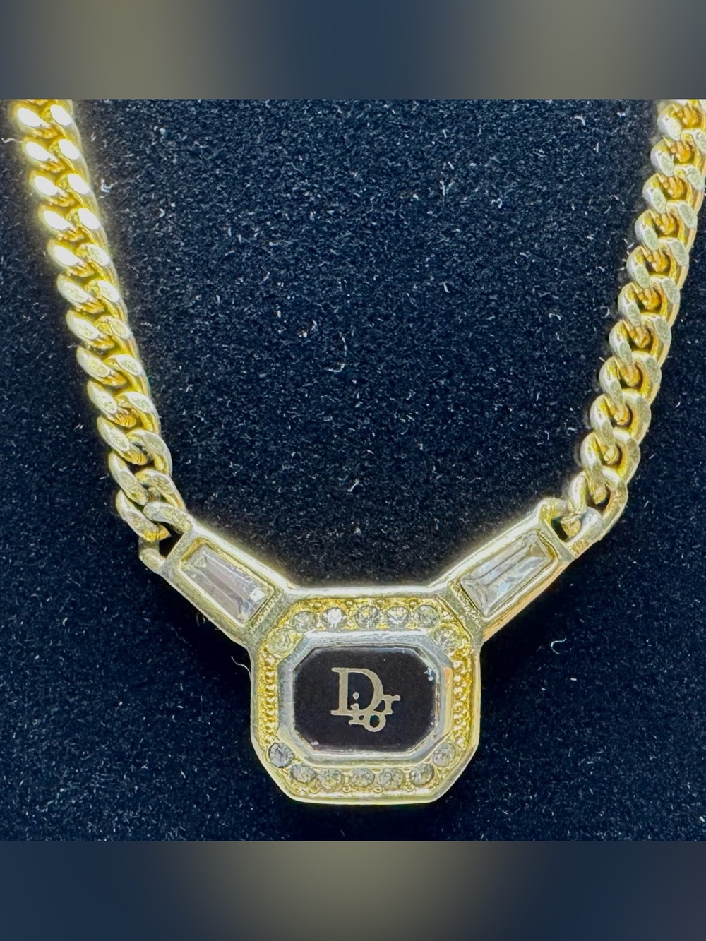 Dior Gold Chain Necklace with Black Logo Plaque and Crystal Accents w/COA!
